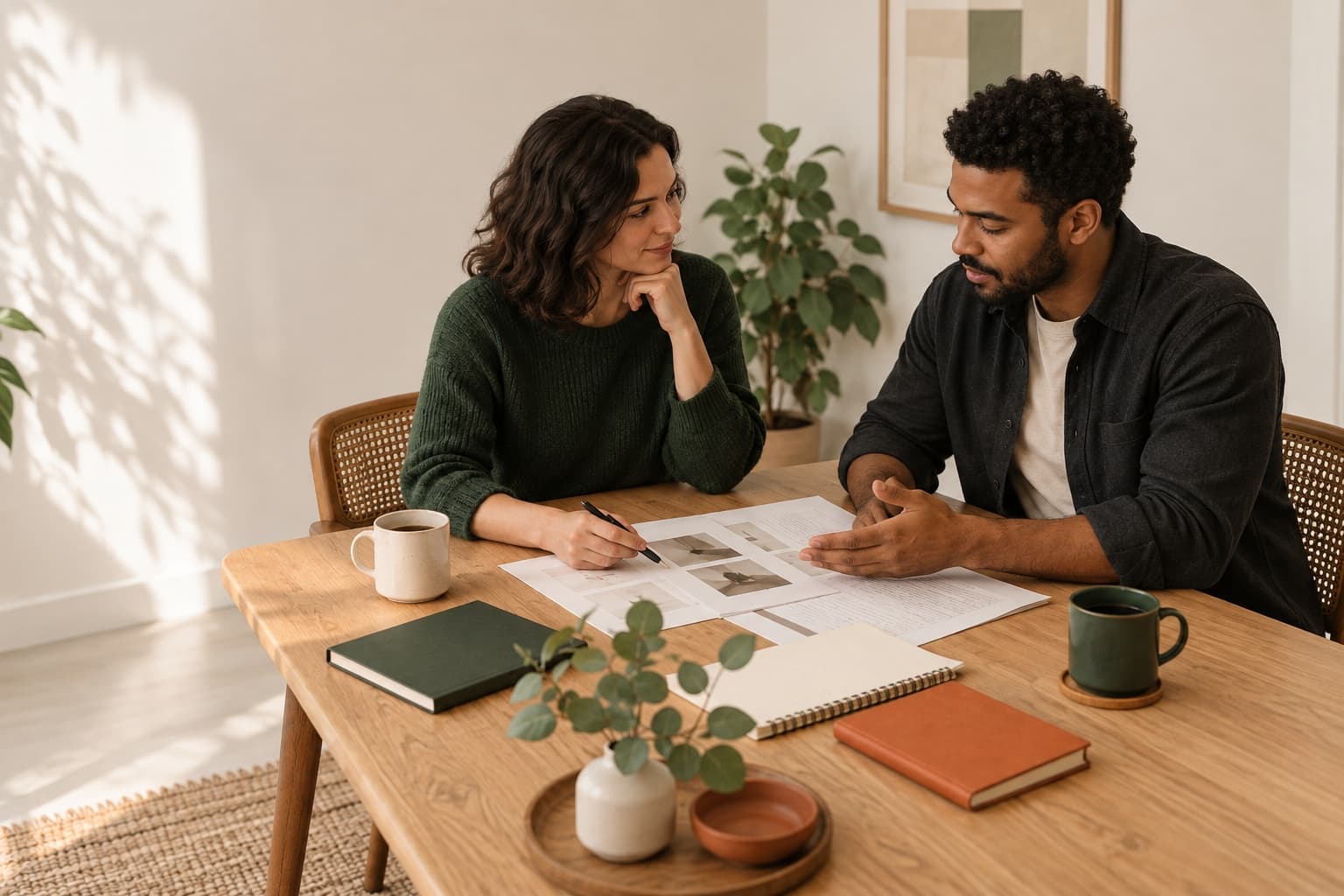 Two people reviewing a freelance project together at a table